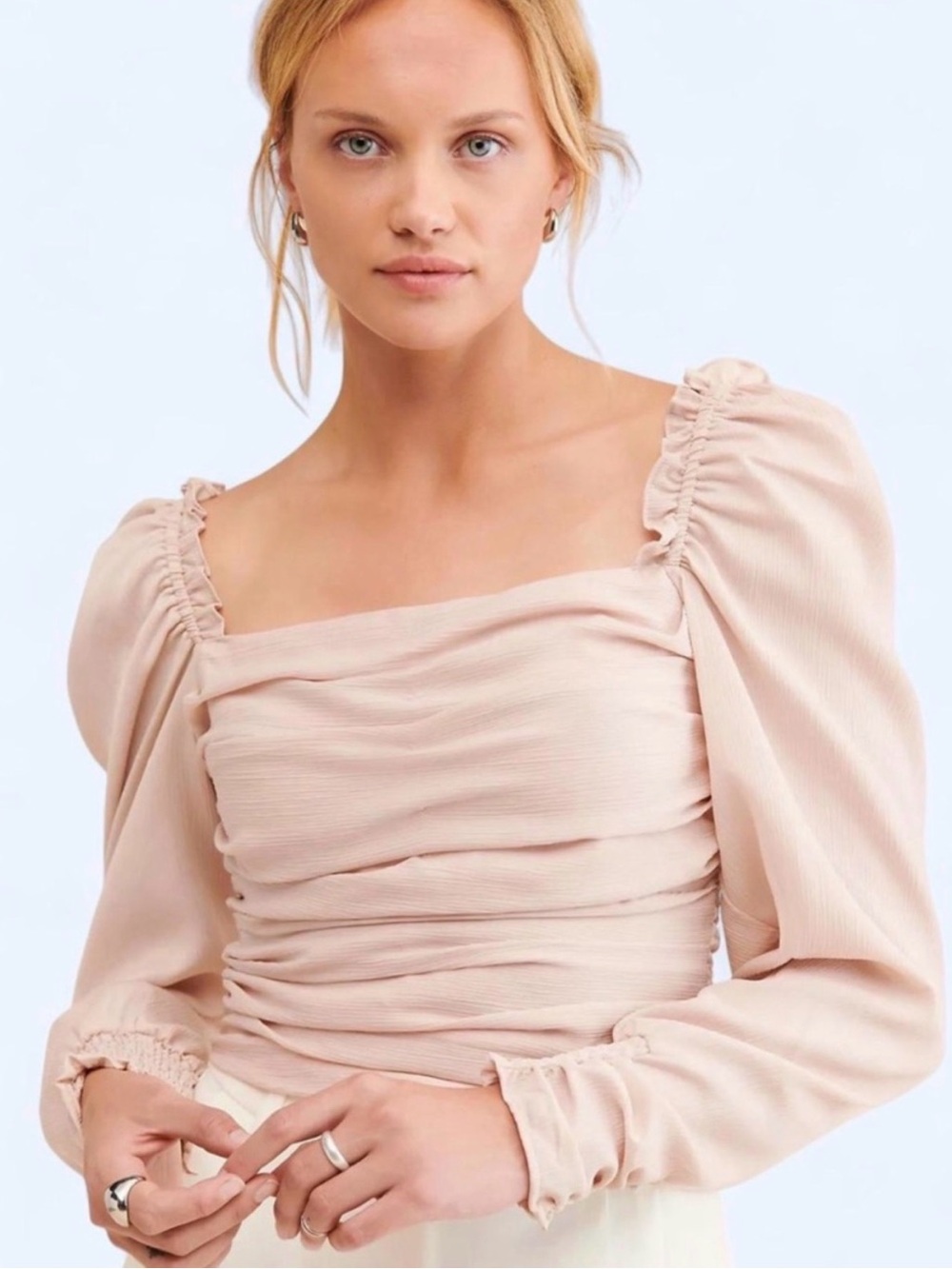 NWT ASTR The Label Small Blush Square Neck Puff Sleeve Ruched Smocked Top